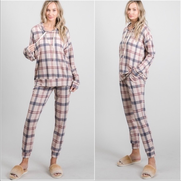 Womens Soft Plaid Casual Weekend Hoodie Top - Picture 4 of 4